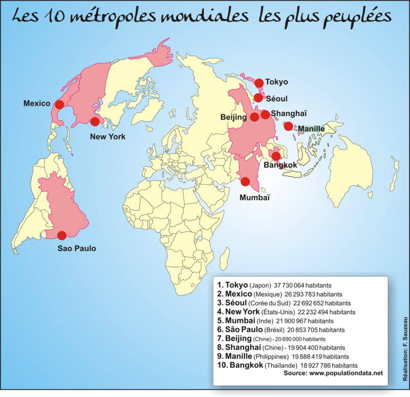 Les dix métropoles mondiales les plus peuplées et les pays où elles se situent. 