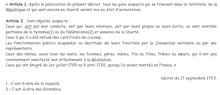 Résultat de recherche d'images pour "lois des suspects 1793"